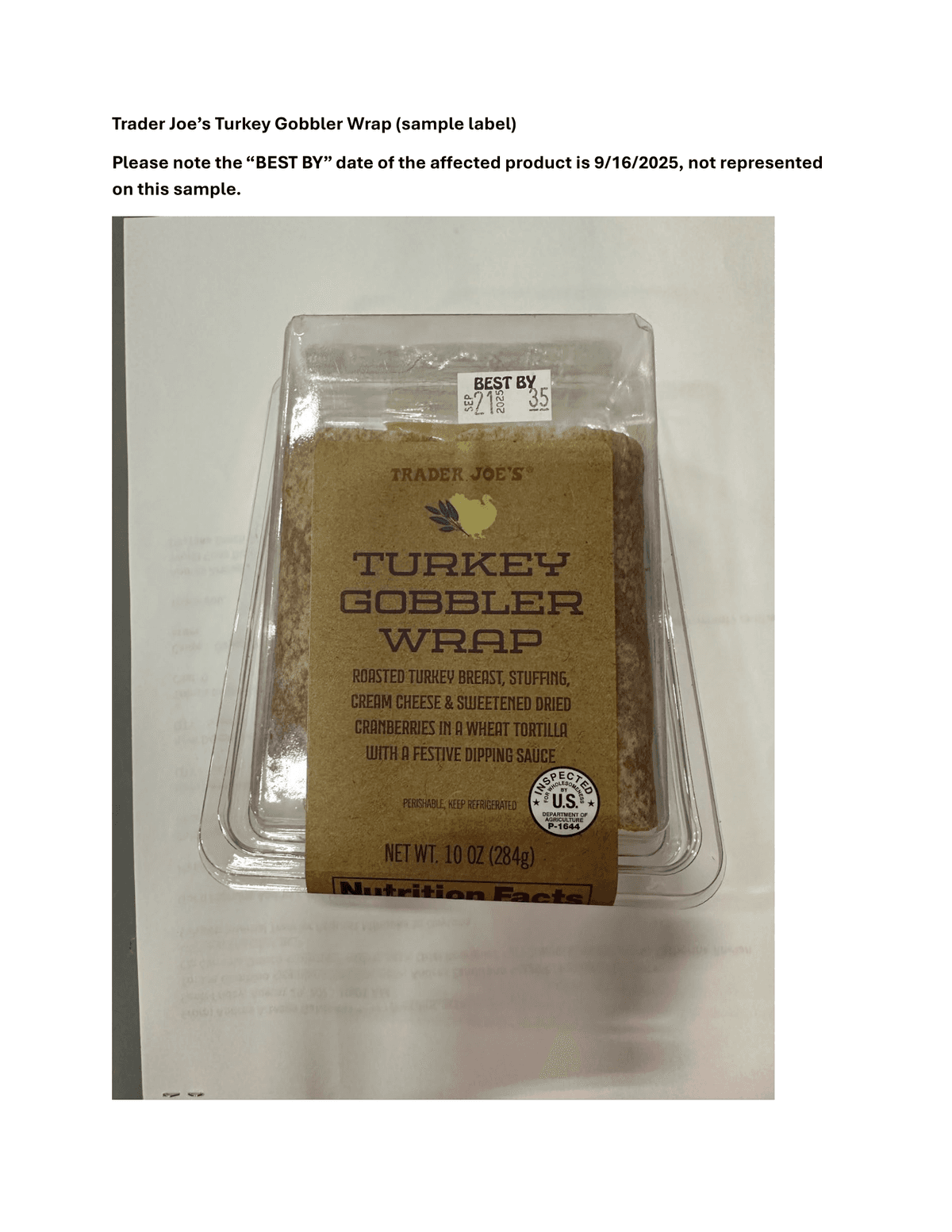 FSIS Issues Public Health Alert for Ready-To-Eat Turkey Wrap Product Due To Possible Listeria Contamination